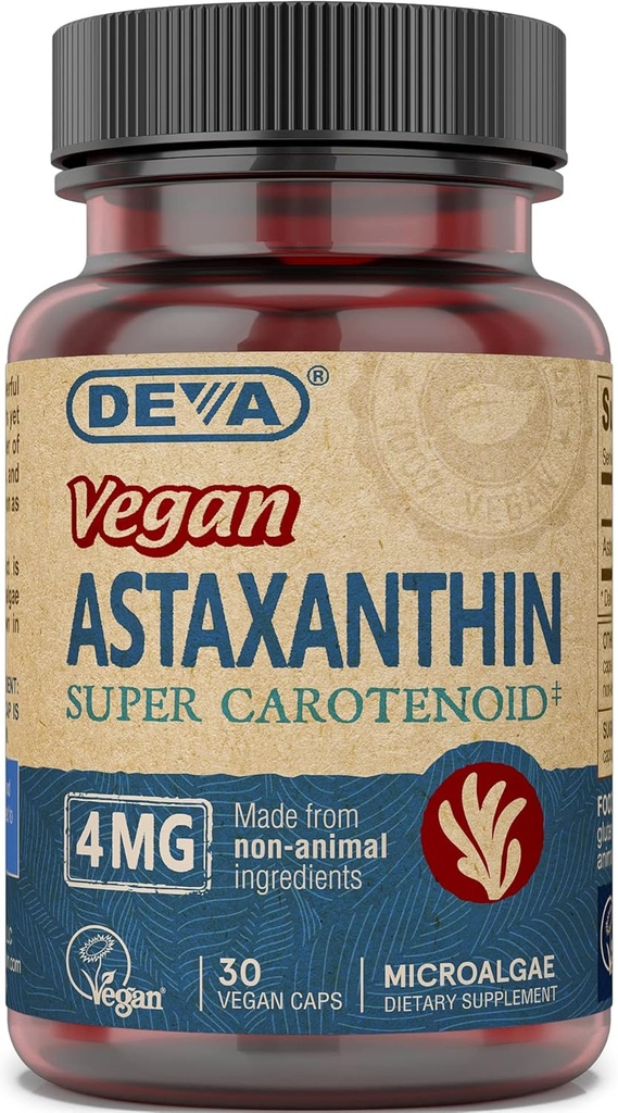 Deva 영양 비타민 Astaxanthin 4mg, Vegan, Haematococcus Pluvialis Microalgae, 30 캡슐, 1 팩