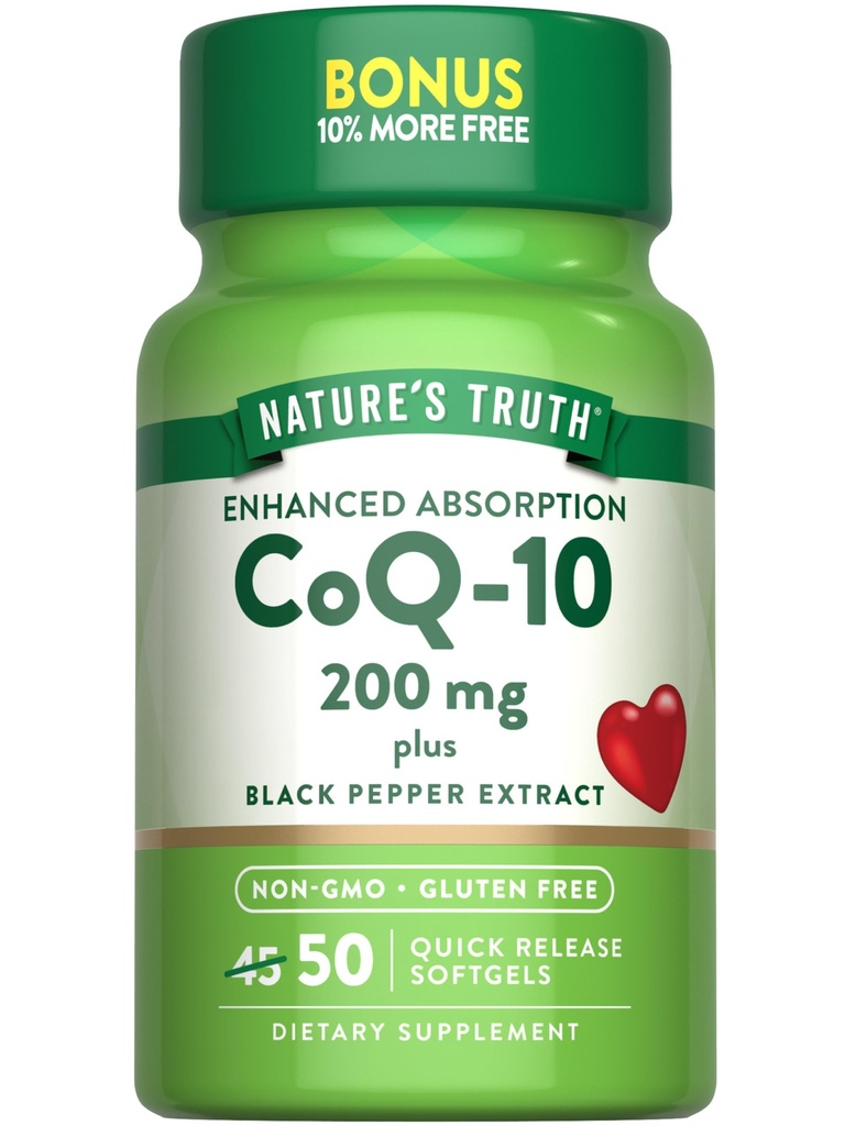 Nature's Truth CoQ10 200mg Softgels | 50 개 | 향상된 흡수 보충 | Plus Black Pepper Extract | Non-GMO, 글루텐 무료