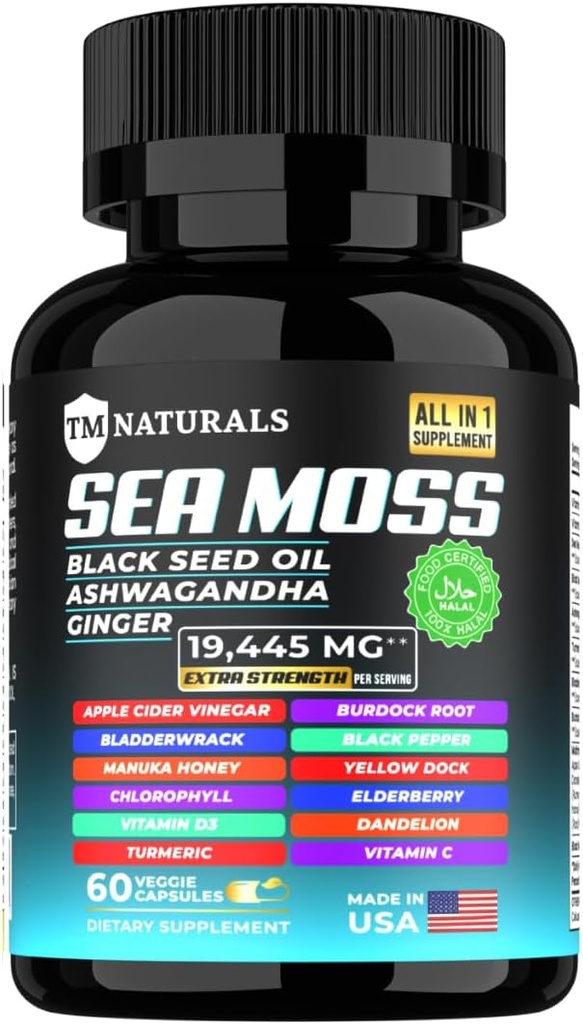 검은 씨앗 오일, 비타민 C, Ashwagandha 및 Immune 지원 및 에너지를위한 심황 - 60 Vegan 캡슐 + 무료 알약 상자