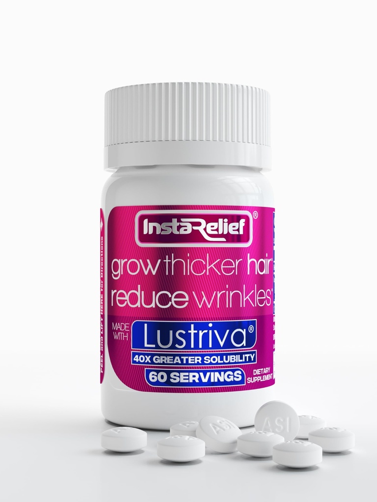 InstaRelief® Hair growth with Lustriva® - 임상적으로 3 Weeks의 두껍고 건강한 모발을 성장하기 위해, Biotin, Silicon 및 Arginine, 60 정제와 함께 주름과 미세 라인 감소
