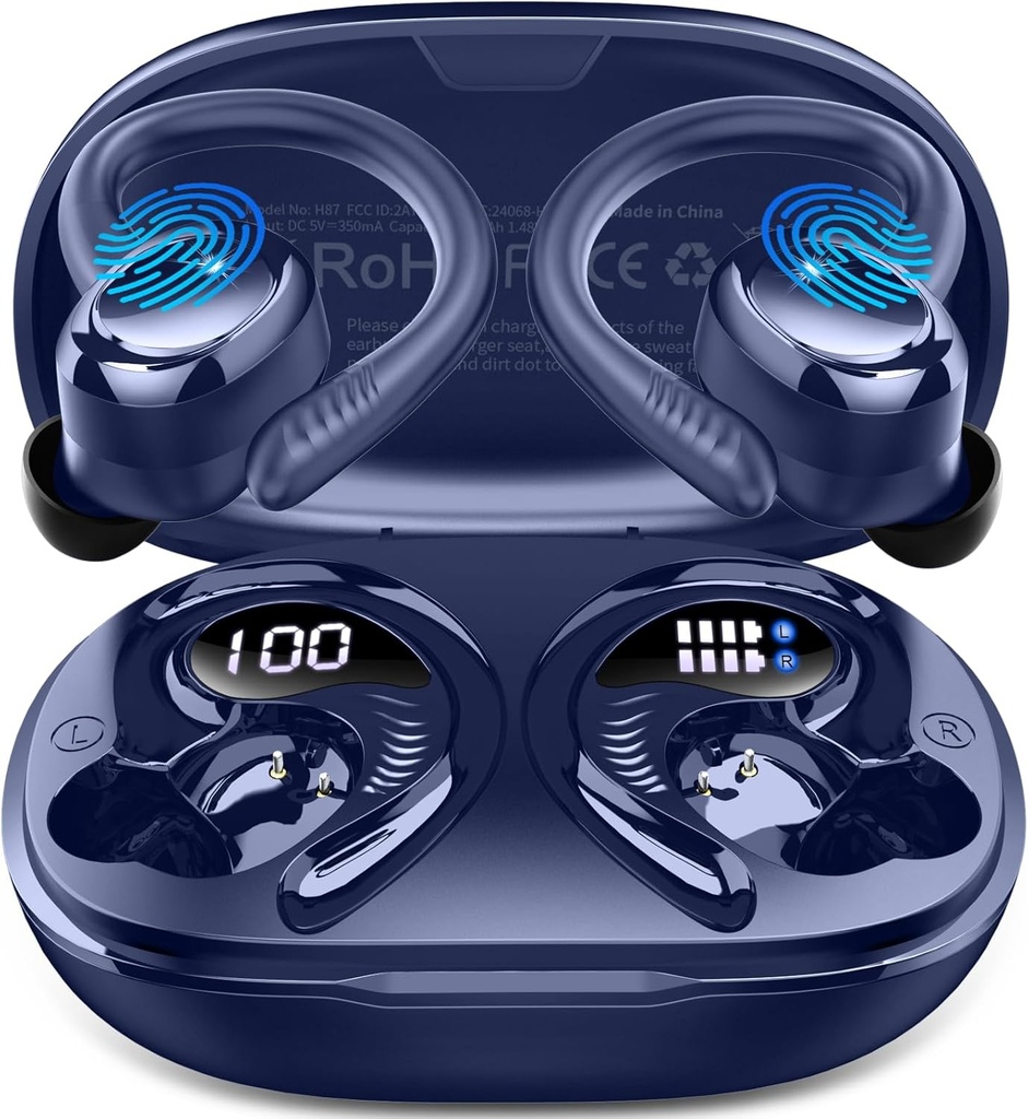 무선 Earbuds 스포츠, 2025 블루투스 5.4 이어 후크, 50H 스테레오 딥베이스 4 ENC 노이즈 취소 Mics, IP7 실행 운동 체육관에 대 한 이어폰 방수 - 블루