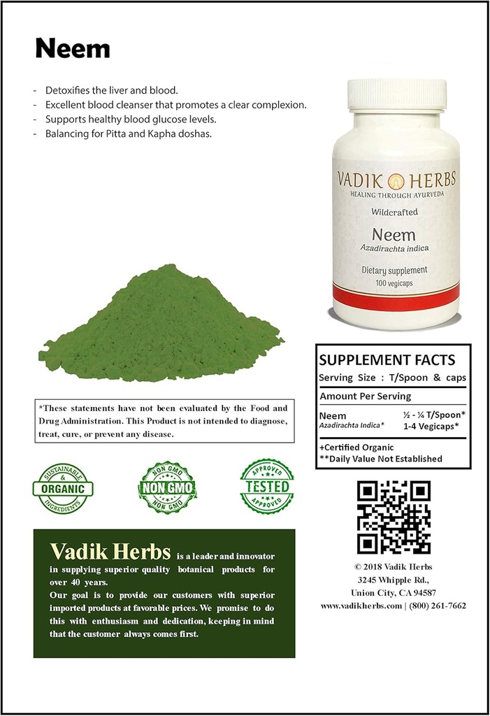 인증 유기 Vadik 허브 Neem (Azadirachta Indica) 분말 1lb. 팩 | 우수한 혈액 세척제, 건강한 혈액 포도당 수준, Pitta와 Kapha Doshas에 대한 균형 지원