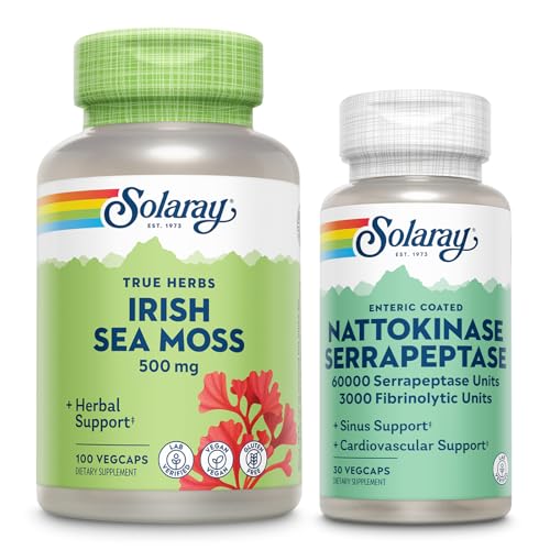 SOLARAY Irish Sea Moss 500mg 및 Nattokinase Serrapeptase Supplement - 자연적으로 Occurring 비타민, 미네랄 - Gut 건강, Sinus, 심장 건강 지원, 60 일 보증, 100 / 30ct와 웰빙 번들