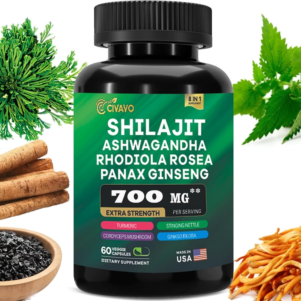 Shilajit 순수한 Himalayan 9000MG, Ashwagandha 2000MG, Rhodiola Rosea 1000MG, Panax Ginseng 1500MG, Turmeric 500MG, Gingko Biloba 500MG, Sting Nettle 250MG, Cordyceps 버섯 500MG