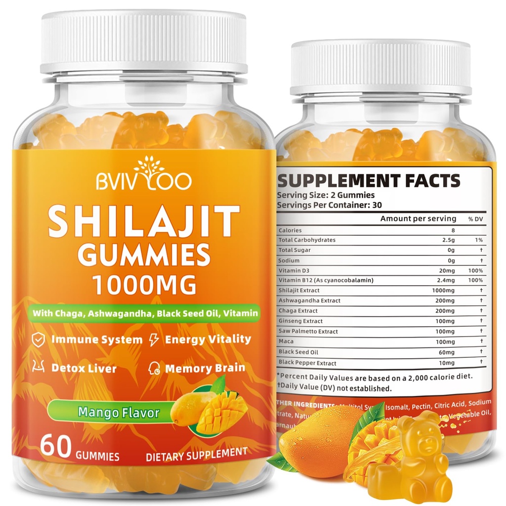 Shilajit Gummies 1000mg Sugar Free - 남성 및 여성을위한 Shilajit 보충 - 85 + Trace Minerals & Fulvic Acid - 에너지, 두뇌, 면역 - 60 Gummies