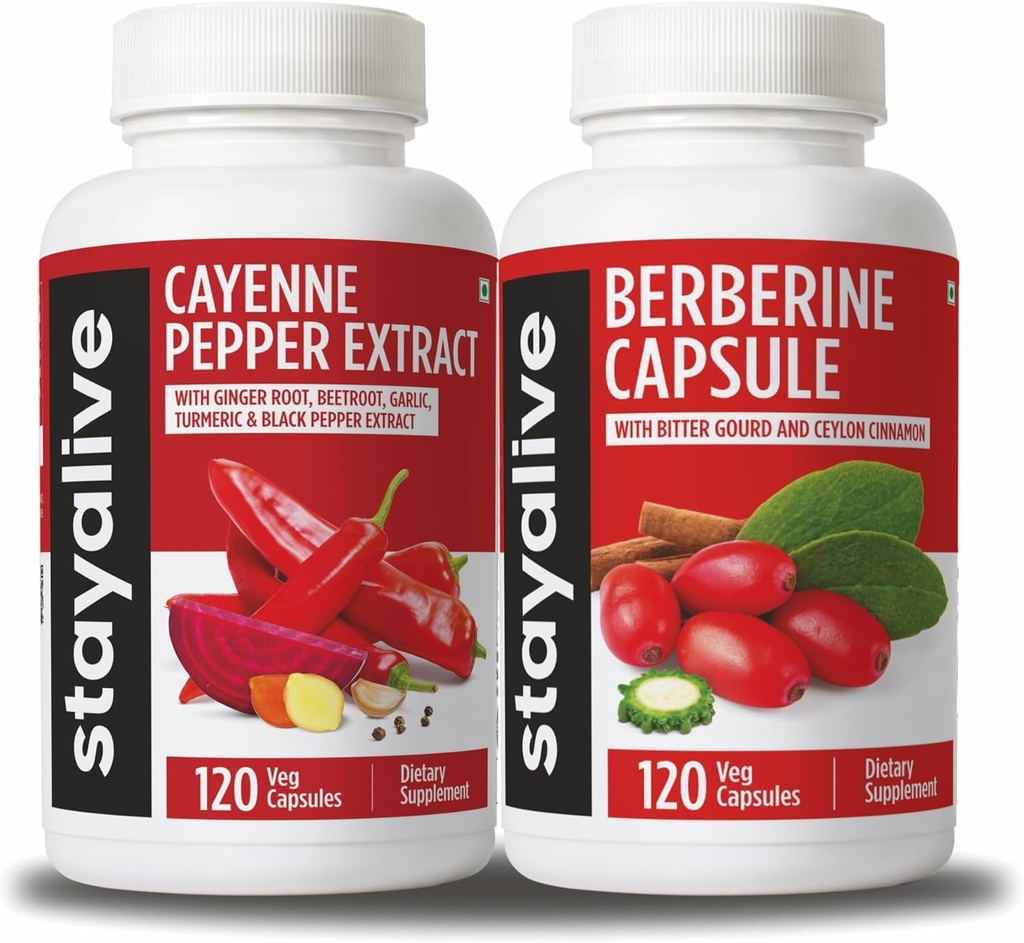 Ceylon Cinnamon 및 Bitter Gourd Extract, 240 Vegan Pills, Non-GMO & Gluten Free Berberine Cayenne Pepper Supplement와 함께 STAY ALIVE Cayenne 및 Berberine 번들