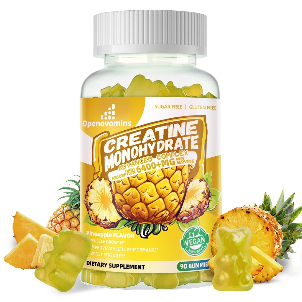 Creatine Monohydrate Gummies Complex for Men & Women - 고급 공식 W/L-Taurine + 비타민 B12, 설탕 무료 Chewable 보충교재, 90 파인애플 Gummies