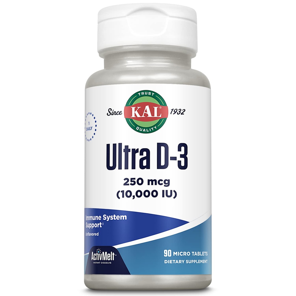 KAL Ultra Vitamin D3 250 mcg (10000 IU), 높은 효능 비타민 D, 칼슘 흡수, 뼈 건강 및 면역 지원 보충교재, 즉시 녹지 않는, ActivMelt, 90의 서빙, 90의 마이크로 정제