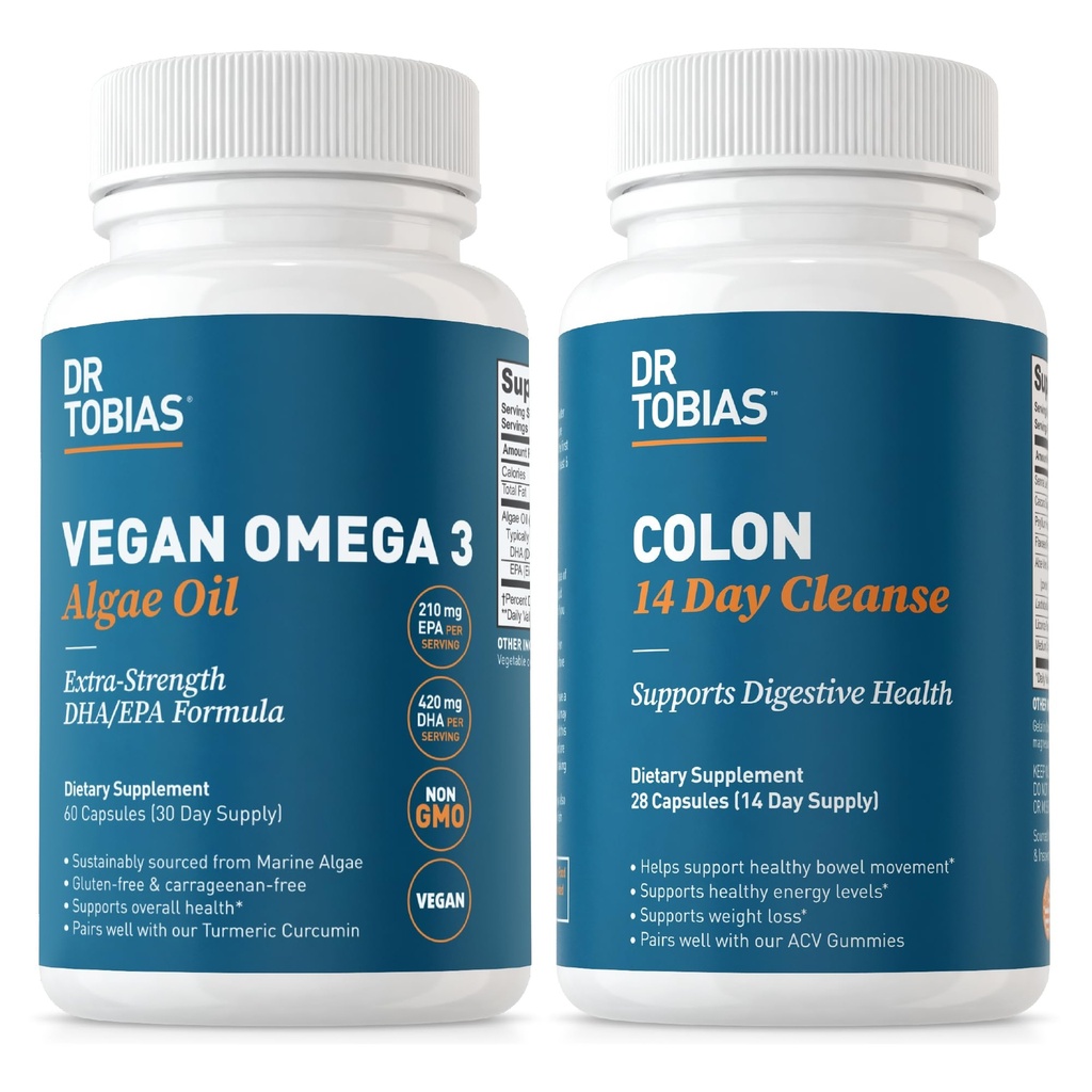 Dr. Tobias Vegan Omega 3 조류 기름과 대장 14 일 개선 Digestion, Gut & Immune 지원 및 전반적인 건강을 위해 Cleanse