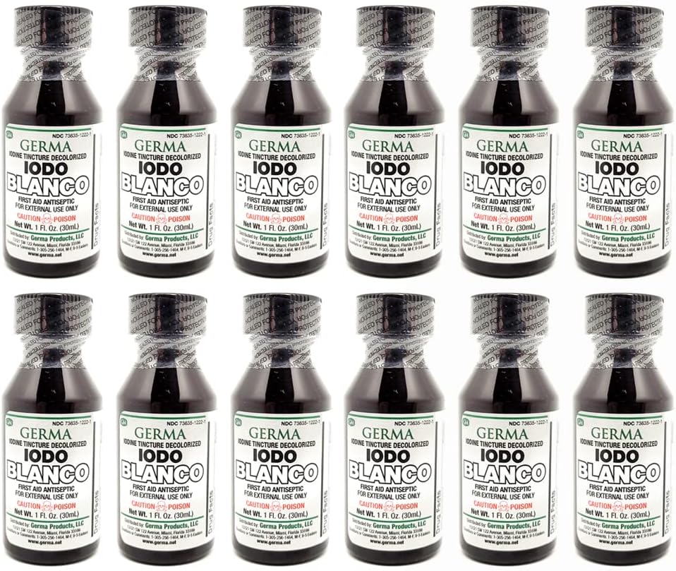Germa 백색 아이오딘 Tincture. First Aid 항염증제. Minor Scrapes, Cuts, Bruises 및 Burns의 경우. 피부 감염. 1개 oz. 12의 팩