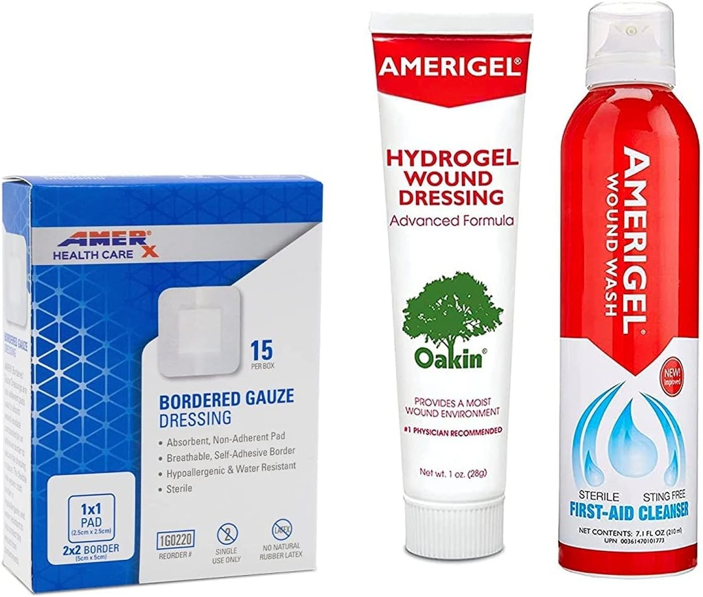 AMERIGEL Total First Aid 번들 - 1 온스. 하이드로젤 Wound Dressing, 7.1 온스. 슬라이딩 와운, 2x2 국경 가우제 드레싱