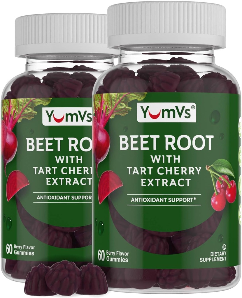 YUM-V'S Beet Root Gummies with Tart Cherry Extract - Berry flavor Beetroot Gummies - 혈액 순환 및 산화 방지제 지원을위한 Beet Chews - Red Beets Gummies Berry 60 Count (Pack of 2)