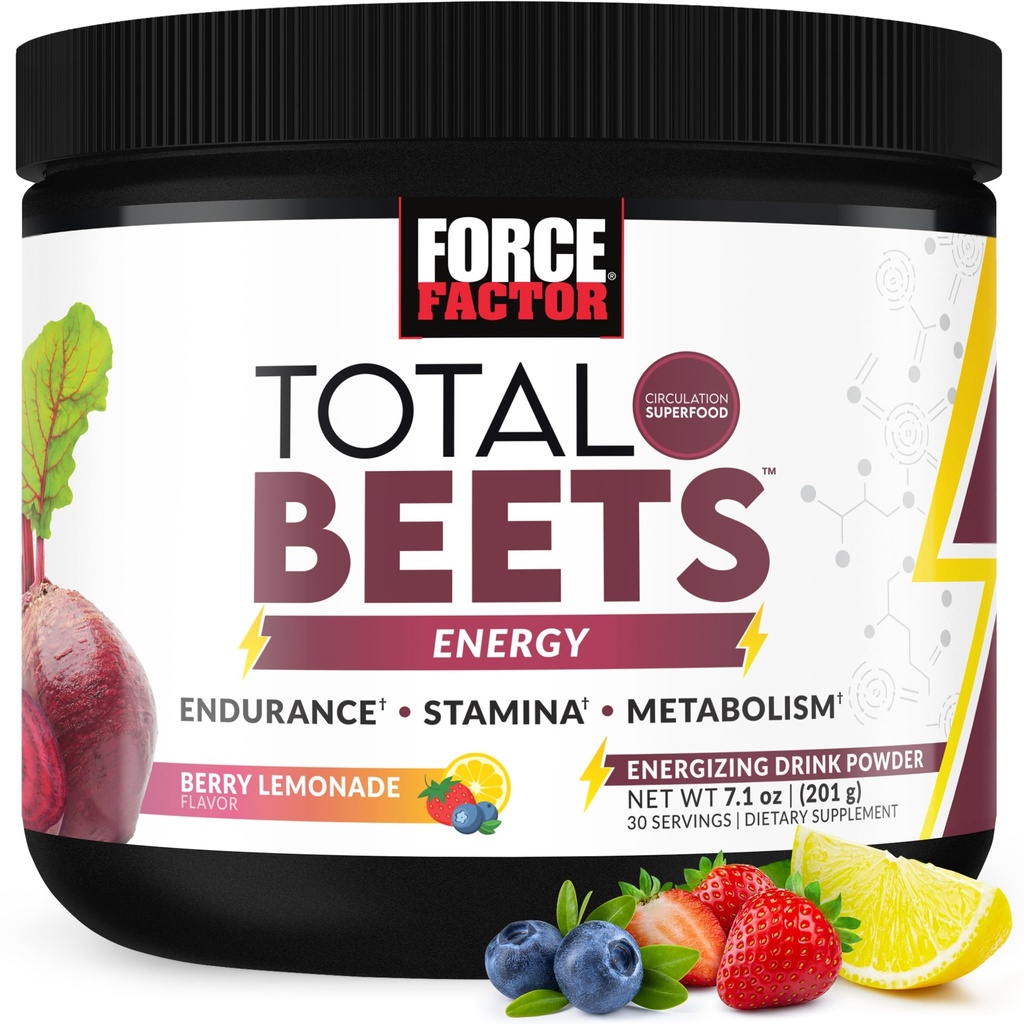 FORCE FACTOR Total Beets Beet Root Powder with Energy, NO3-T® Nitrates to Support Circulation, 혈압, 혈액 흐름 및 체력 - Plus Green Tea Extract. 슈퍼 푸드 보충, 30 서빙