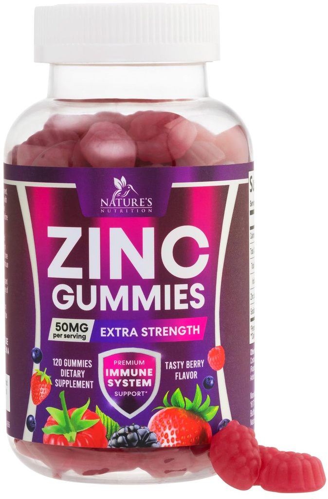 아연 Gummies 50mg - 뼈 피부 & 면역 지원 건강 거미 & 성인을 위해 우수한 산화 방지제 Chewable - 높은 흡수 채식주의자, 글루텐 자유로운 아연 보충교재 비타민 - 맛있은 베리 풍미 - 120 Gummies