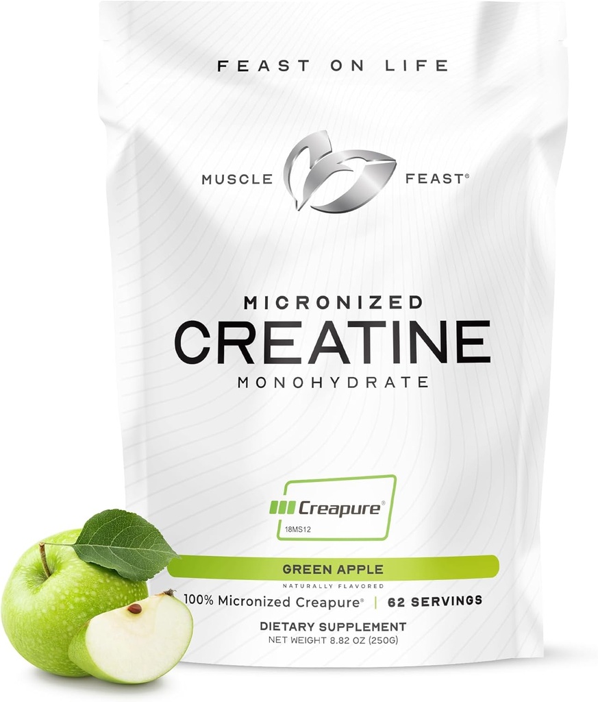 근육 효모 Creapure - Micronized Creatine Monohydrate Powder | Premium Pre-Workout 또는 Post-Workout | 여성 및 남성을위한 맛 있는 크레아틴 | 믹스, 글루텐 프리, 안전 및 순수 (녹색 애플, 250g)