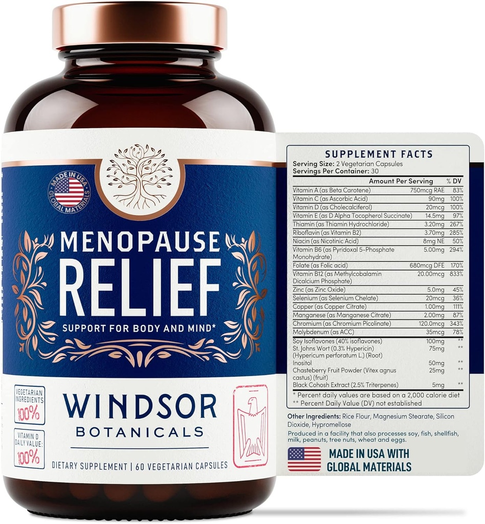 Menopause는 여자를 위한 보충 교재 - Chastebrry를 가진 Windsor 식물 Multivitamin, 뜨거운 섬광을 위한 까만 Cohosh, 여자를 위한 Menopause 기복 및 호르몬 균형 - 60 자연적인 황체 호르몬 에스트로겐 알약
