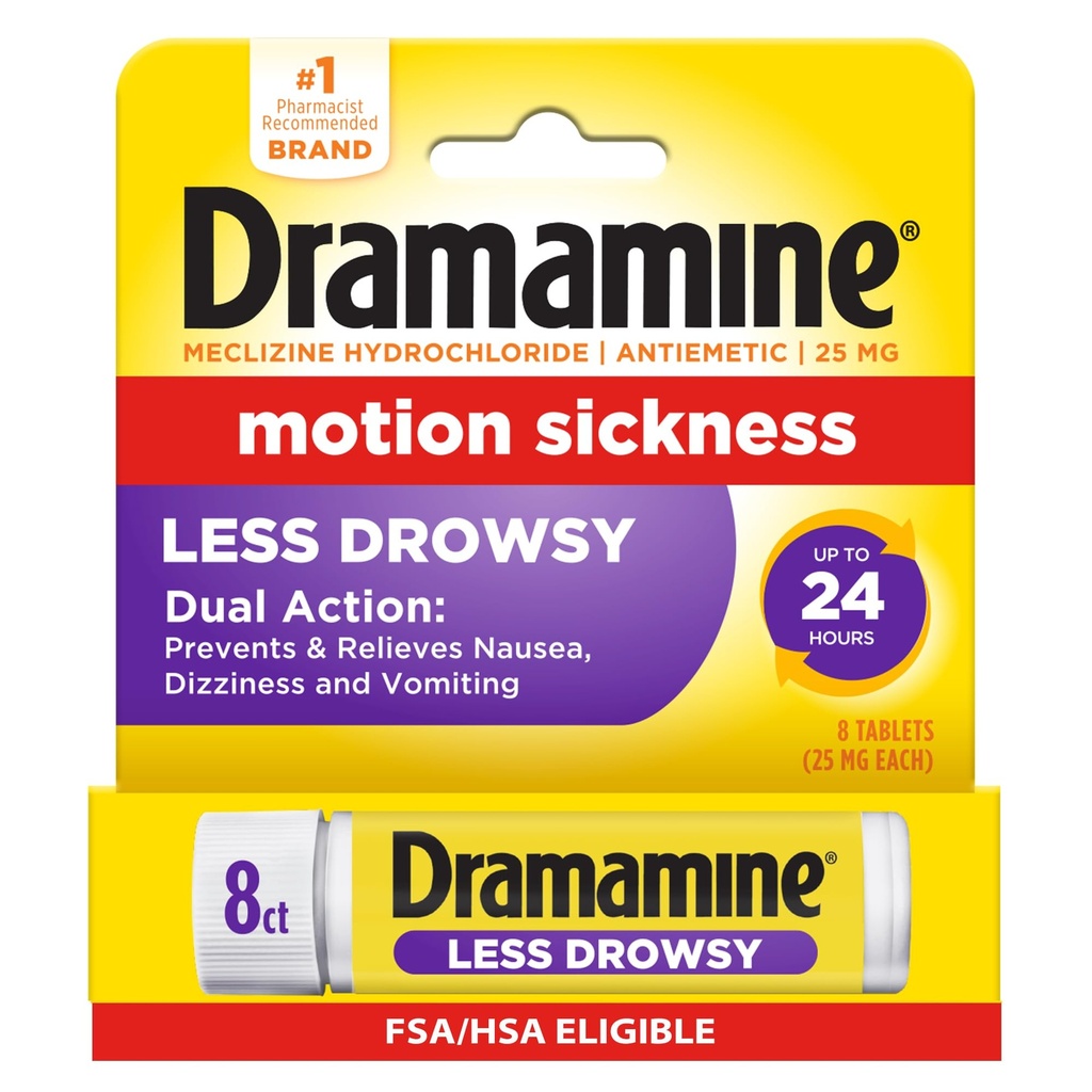 Dramamine Motion Sickness 덜 Drowsy, 여행 바이알, 다색, 8 조사