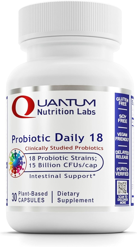 Quantum Nutrition Labs Probiotic Daily 18 - 여성 및 남성에 대한 소화 건강, Probiotics for Women and Men with Lactobacillus Acidophilus, 건강한 Gut Microbiome을위한 Reuteri - 30 채식 캡슐