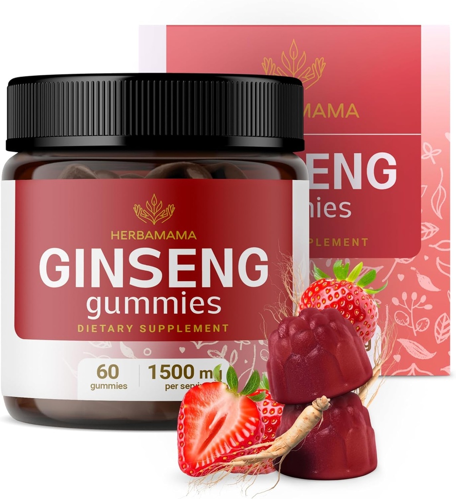 HERBAMA Panax Ginseng Gummies - 1500mg 에너지 지원을위한 한국 빨간 인삼 뿌리 - Vegan, Non-GMO Red Panax Immune 지원 보충교재 - 60 Pectin 기반 Strawberry-Flavored Chews