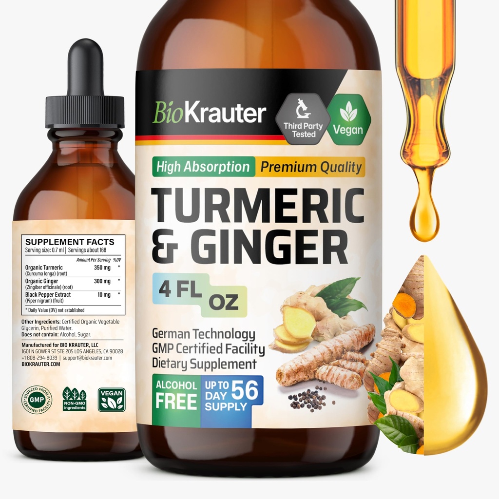 BIO KRAUTER® Turmeric 및 Ginger Supplement - Pepper 4 Fl.Oz 56 Days of Supply가있는 순수한 Vegan 액체 Turmeric & Ginger Tincture - 공동 지원, 산화 방지제 및 면역 지원을위한 Curcumin Drops