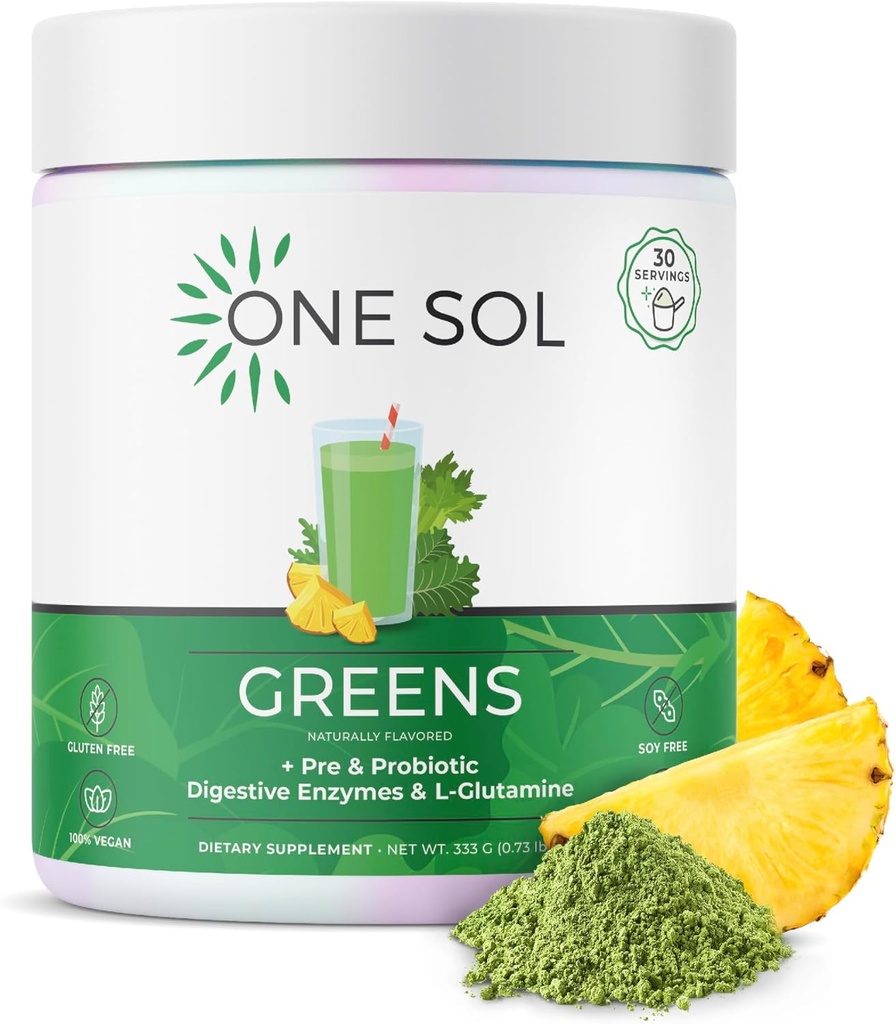 One Sol Greens, Super Greens Powder to Reduce Bloating & Improve Gut Health, Superfood Fresh Bloom Organic Greens Blend Juice & Smoothie Mix, Digestive Enzymes, Vegan & Soy Free와 사전 & Probiotic