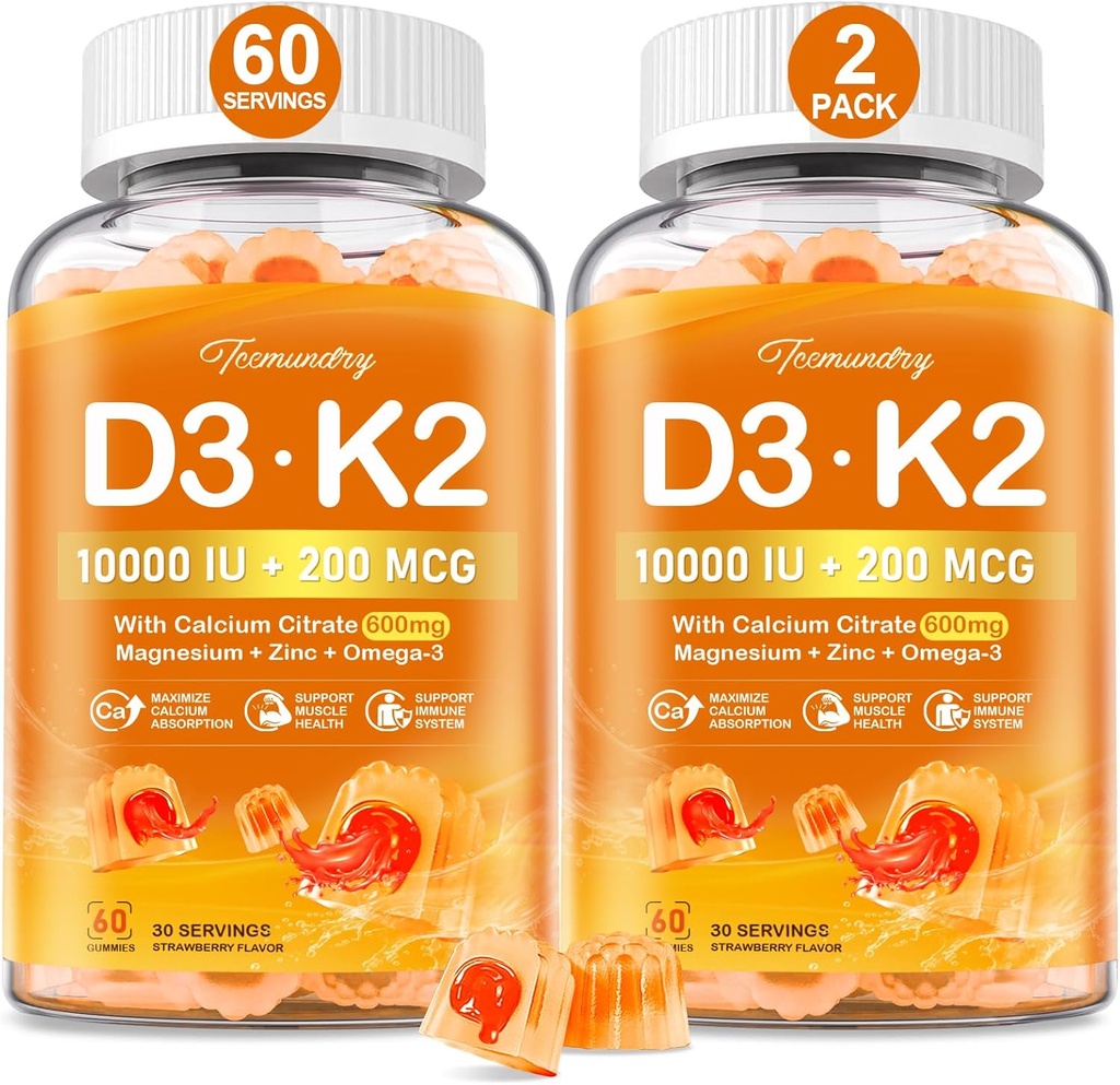 성인을 위한 비타민 D3 K2 5000IU/10000 IU Gummies - 600mg 칼슘, K2 (MK-7) 200mcg, 마그네슘, 아연, Omega-3를 가진 K2 D3 비타민 보충교재 - 칼슘 흡수와 면역력을 지원합니다