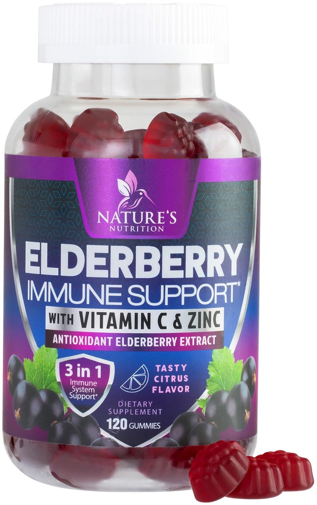 Elderberry Extract와 면역 지원 Gummies - 아연 및 비타민 C, 성인 및 어린이, 거미 엘더 베리 비타민 - 120 Gummies에 대한 자연 Vegan 면역 지원 보충