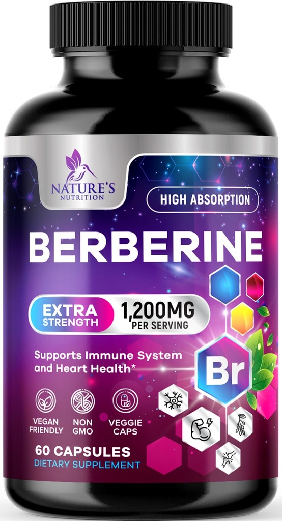 Berberine HCL 1200mg 보충교재 - Berberine HCI 캡슐 심장 건강 & 면역 지원을 위한 높은 흡수 보충교재, 고강도, 글루텐 자유로운, Vegan, 비 GMO 알약 - 60의 Veggie 캡슐