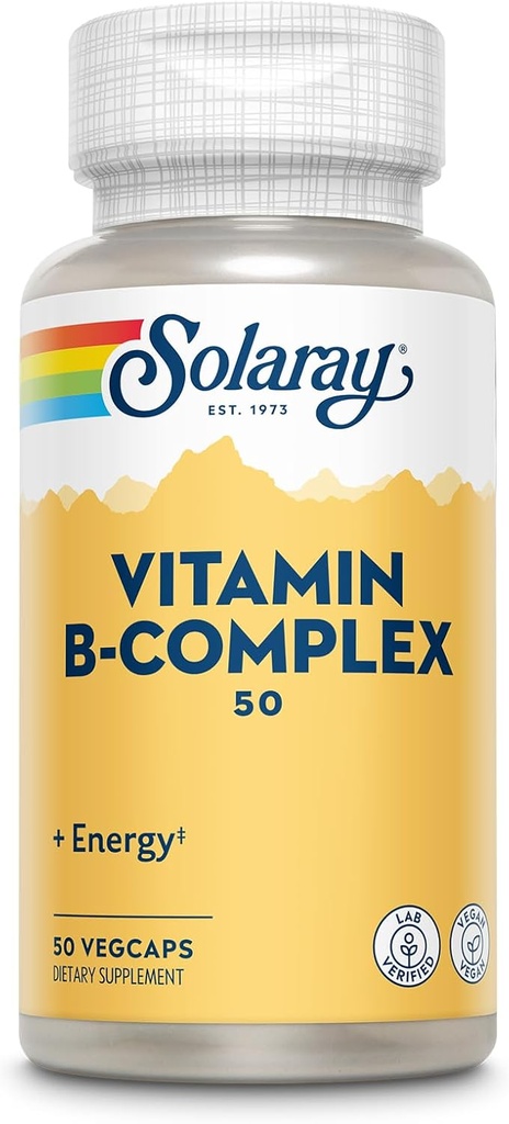 SOLARAY 비타민 B 복합체 50 mg - 세포 에너지 비타민 - 비타민 B12, 비타민 B1, B6, Niacin, Folic 산, Biotin 및 기타 B 비타민과 영양 건강 지원 - Vegan, 50 VegCaps