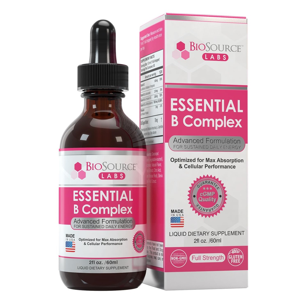 BioSource Labs Essential B Complex - 일일 채식 비타민 B-Complex 서브 언어 액체 드롭 w / 메틸 B12 (2oz / 60ml 병) - 60 일 공급
