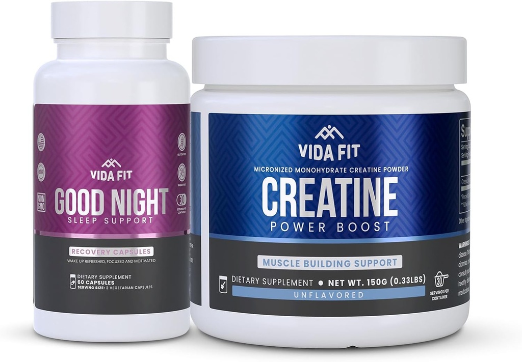 Good Night Natural Sleep Aid (60 캡슐) & Micronized Creatine Monohydrate Powder (150g) 번들 – Melatonin, Ashwagandha & L-Theanine, Plus Pure Vegan Creatine와 자연 수면 지원 강화