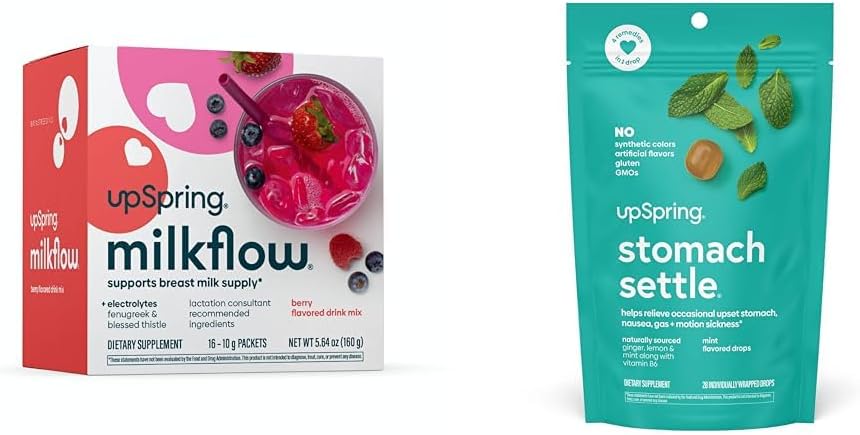 UpSpring Milkflow Electrolyte Breastfeeding Supplement Drink Mix with Fenugreek Stomach Settle Drops for Occasional Nausea Relief/Upset Stomach with Ginger, Lemon, Spearmint, B6.
