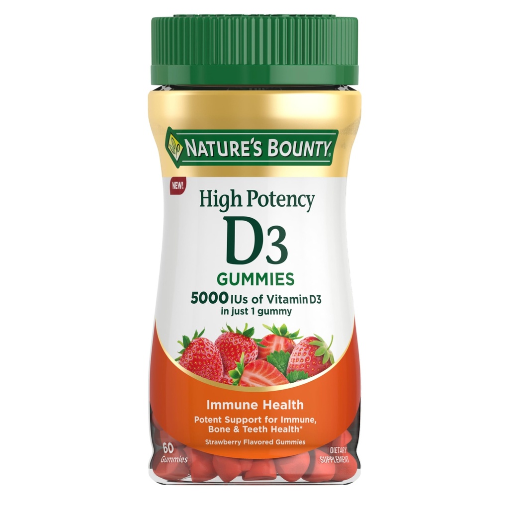 Nature 's Bounty Vitamin D 5000 IU Gummies, 비타민 D3 높은 효능 면역 지원 및 뼈 건강 보충, 5000 IU in 1 Gummy, Strawberry flavor, 2 개월 공급, 성인 60 채식 구미