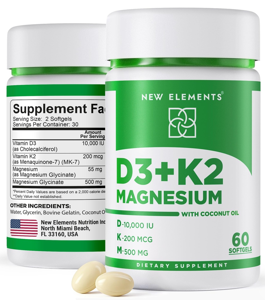 새로운 성분 비타민 D3 K2 10,000 IU 마그네슘 글리세라이드 500mg - 뼈 건강, 면역 지원, 에너지 및 계류 - 비 GMO, 글루텐 자유로운, 여자 & 남자 (60 softgels)를 위한 설탕 자유로운 Softgels