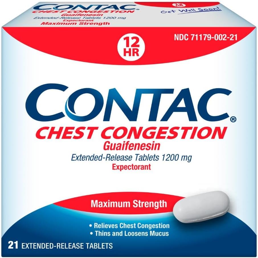 Contac 가슴 혼잡, 최대 힘 Expectorant 통제 기침과 얇은과 Loosens Mucus의 장시간 방출 정제, Guaifenesin 1200 mg의 장시간 방출 정제, 21 조사