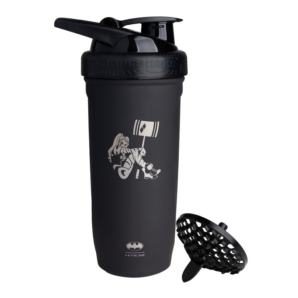 Smartshake DC COMICS 강화 스테인리스 단백질 셰이커 병 900 ml | 30 oz - 누설 나사 - 뚜껑 - BPA 무료 - 유니섹스 - 비 절연 - Harley Quinn 로고