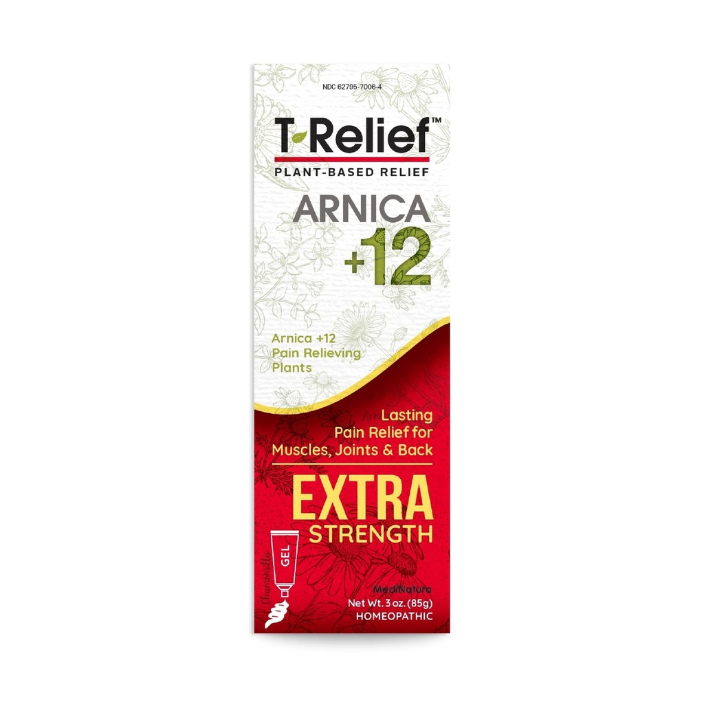 MediNatura T-Relief Extra Strength Gel Arnica +12 Natural Relieving Active for Back Pain Joint Soreness Muscle Aches & Stiffness Women & Men을위한 전체 바디 빠른 행동 구호 - 3 oz