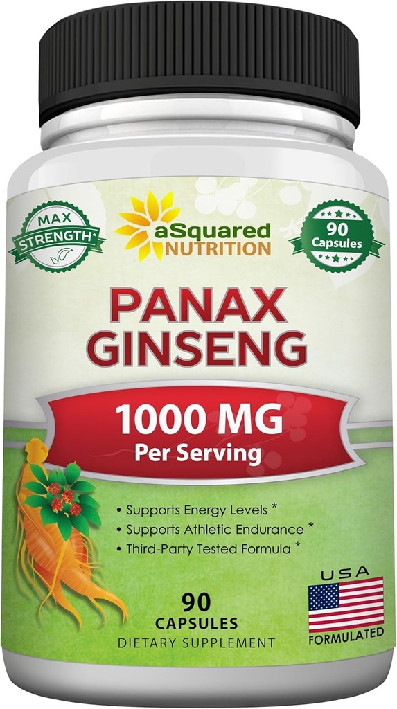 aSquared 영양 자연적인 한국 Panax 인삼 (1000mg 최대 힘) - 90 캡슐 뿌리 추출물 복합체 (빨강 & 백색), 씨에 있는 높은 노출량 인삼, 아시아 분말 보충교재, 에너지를 위한 정제 알약
