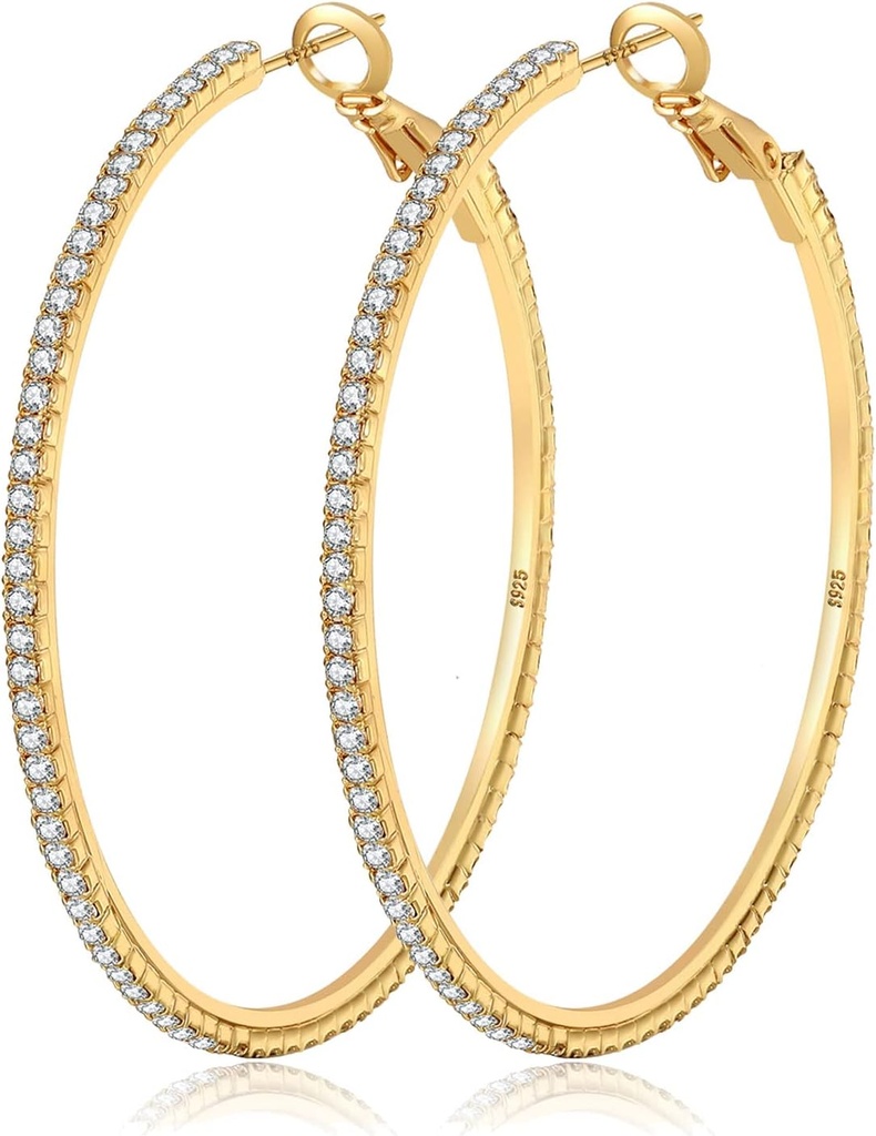 MOROTOLE 14K 골드 라인 스톤 후프 귀걸이 - 패션 얇은 빅 후프, Hypoallergenic, 20/30/40/50/60/70mm