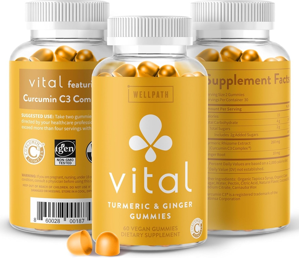 WellPath Vital Turmeric Gummies + Ginger - 합동 지원 Curcumin 보충교재, Turmeric Curcumin C3 Complex, 캡슐, 심황 & 생강 뿌리, 열대 풍미 Chews, 채식주의자, 60 Ct에 맛있는 대안