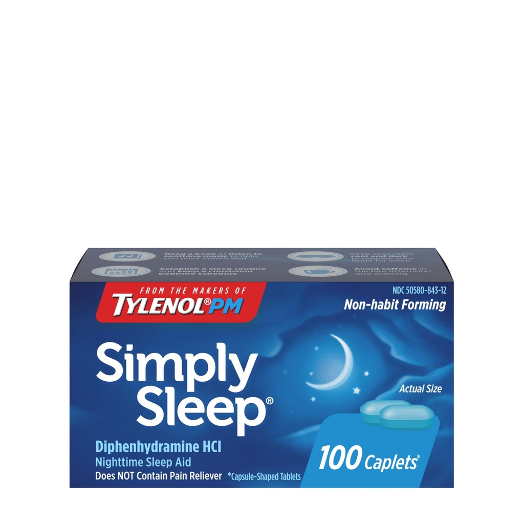 Tylenol 단순히 수면 야간 수면 보조 모자, 25 mg Diphenhydramine HCl, 성인, 100 카운트 수면 보조를 형성하는 Non-Habit