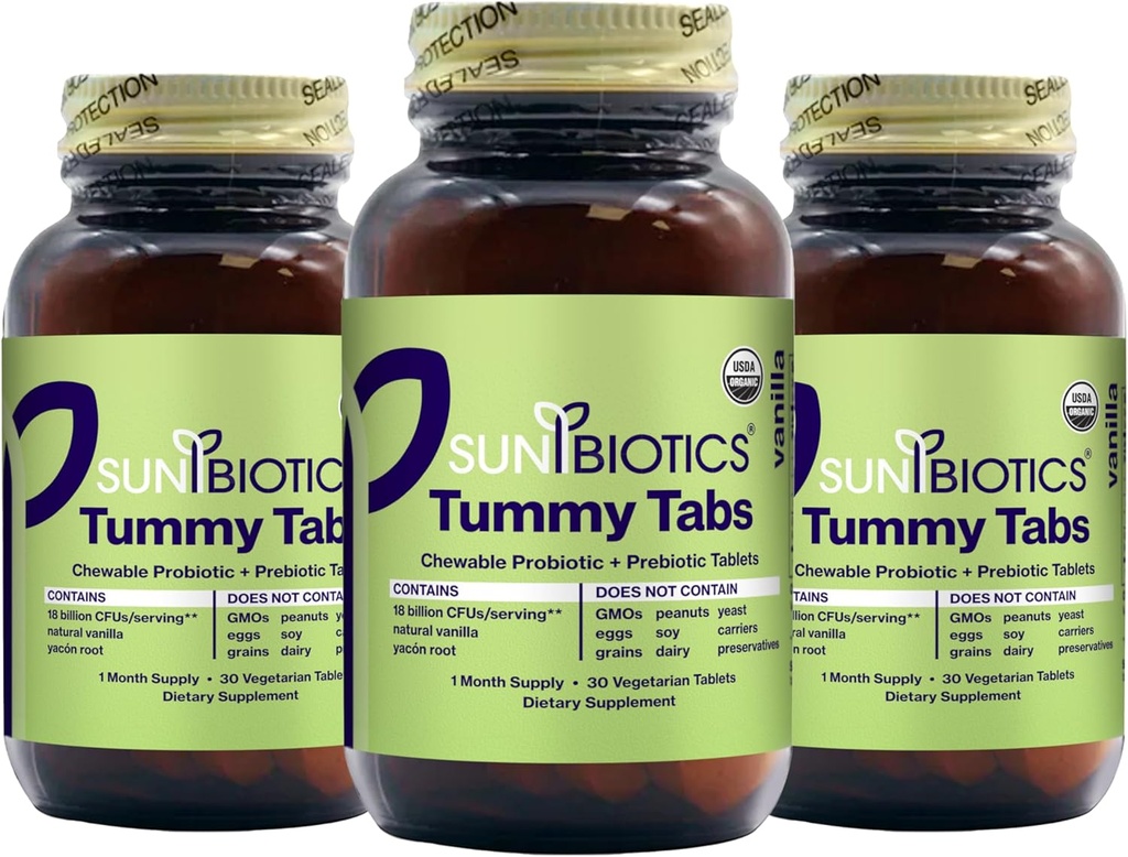 SUNBIOTICS Tummy Tabs - Chewable Probiotic 및 Prebiotic 정제 좋은 Gut Flora, Immune 시스템, & Balanced Microbiome에 대한 4 Probiotic Strains의 18 억 CFUs와 함께 - Vanilla, (포장 3)