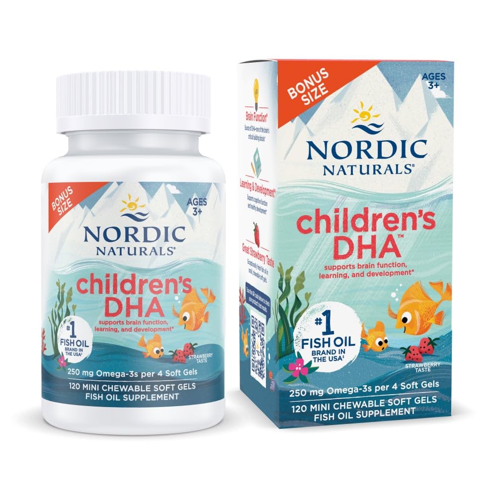 Nordic Naturals Children's DHA, Strawberry - 어린이 120 미니 킬레이트 소프트 젤 - EPA 및 DHA 250 mg Omega-3 - 두뇌 개발 및 기능 - Non-GMO - 30 서빙