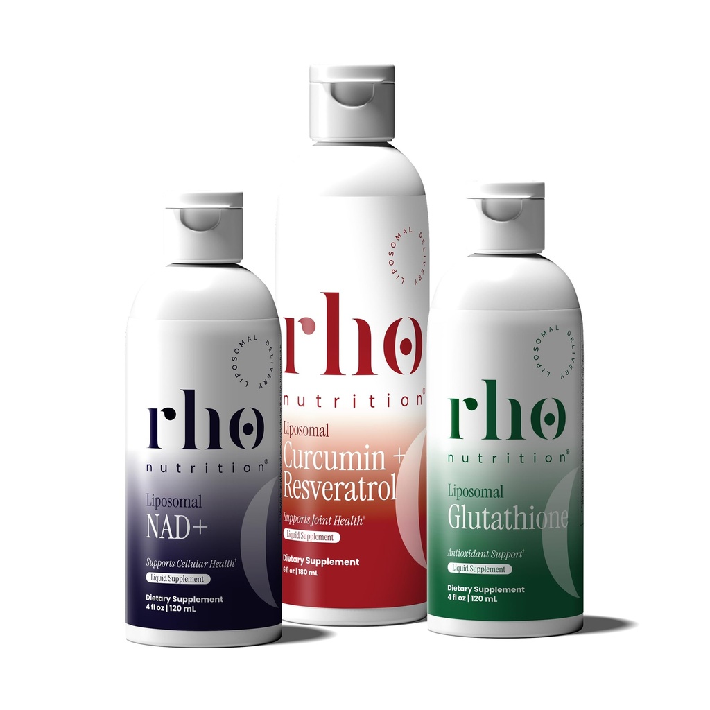 Rho Nutrition - 세포 건강 필수 번들 - 건강한 노화 및 세포 지원을위한 액체 Liposomal 보충제 - NAD +, Curcumin + Resveratrol, & Glutathione (3 팩)