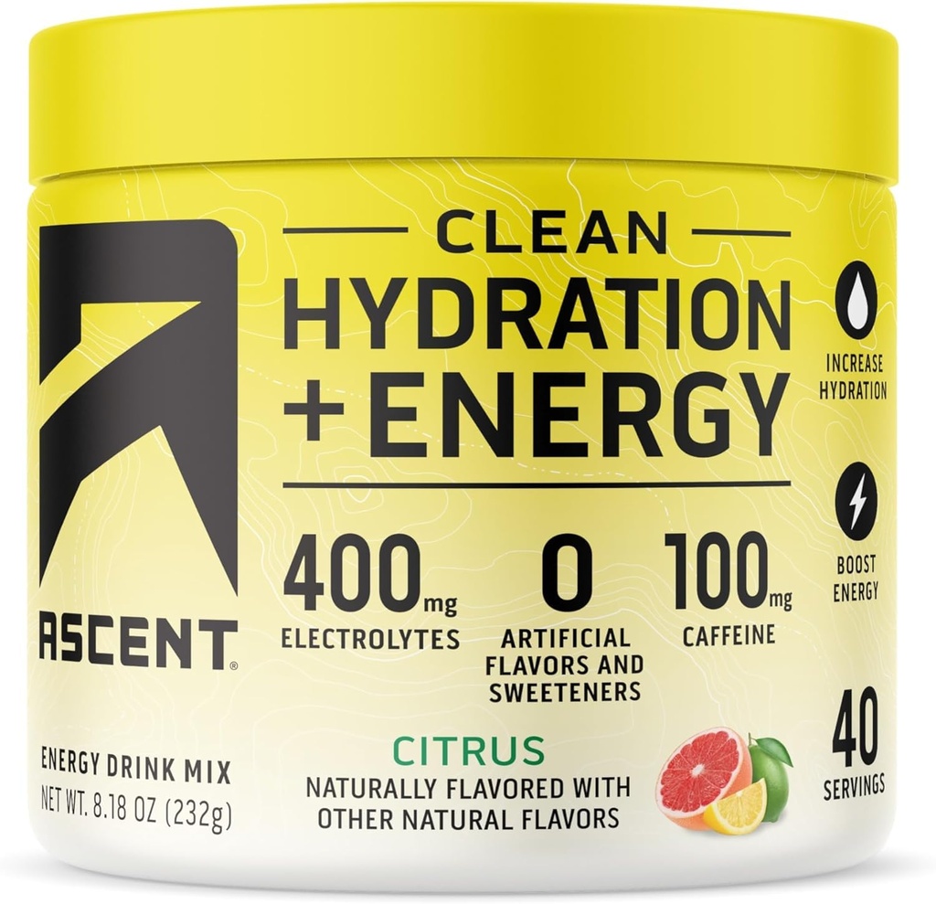 Ascent Clean Hydration + Energy Electrolytes Powder - 100mg 카페인, 400mg Electrolytes, 인공 성분 없음, 시트러스 40 서빙