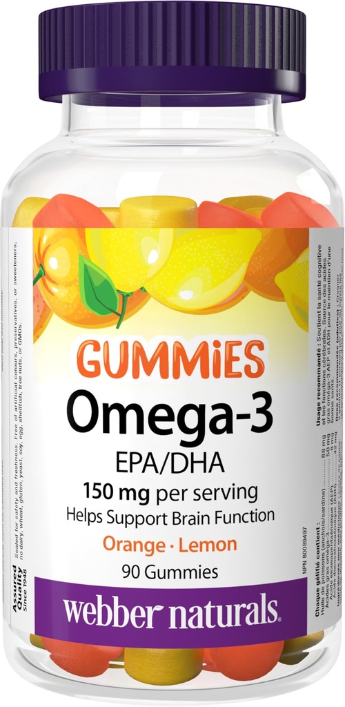 Webber Naturals Omega-3 Gummies 50 mg EPA/DHA · EPA/DHA, 오렌지 · 체리 · 레몬, 90 구미
