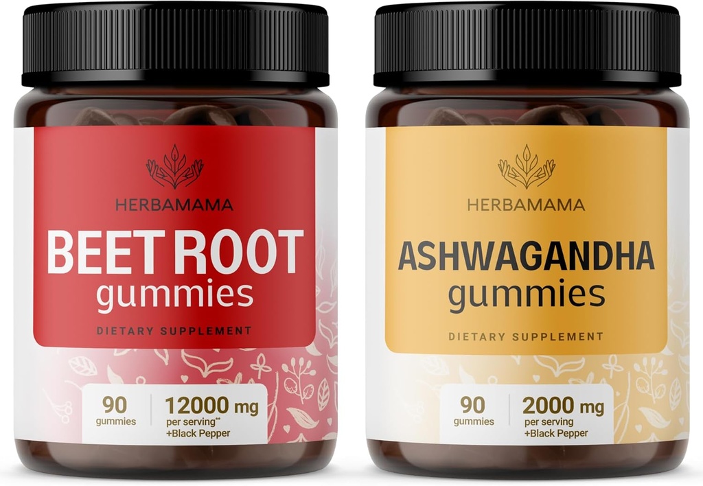 HERBAMA Beet 뿌리와 Ashwagandha 키트 - 블랙 페퍼와 12000 mg 베트 루트의 번들 & 2000 mg Ashwagandha 루트 Gummies - Vegan, Gelatin-Free, Non-GMO
