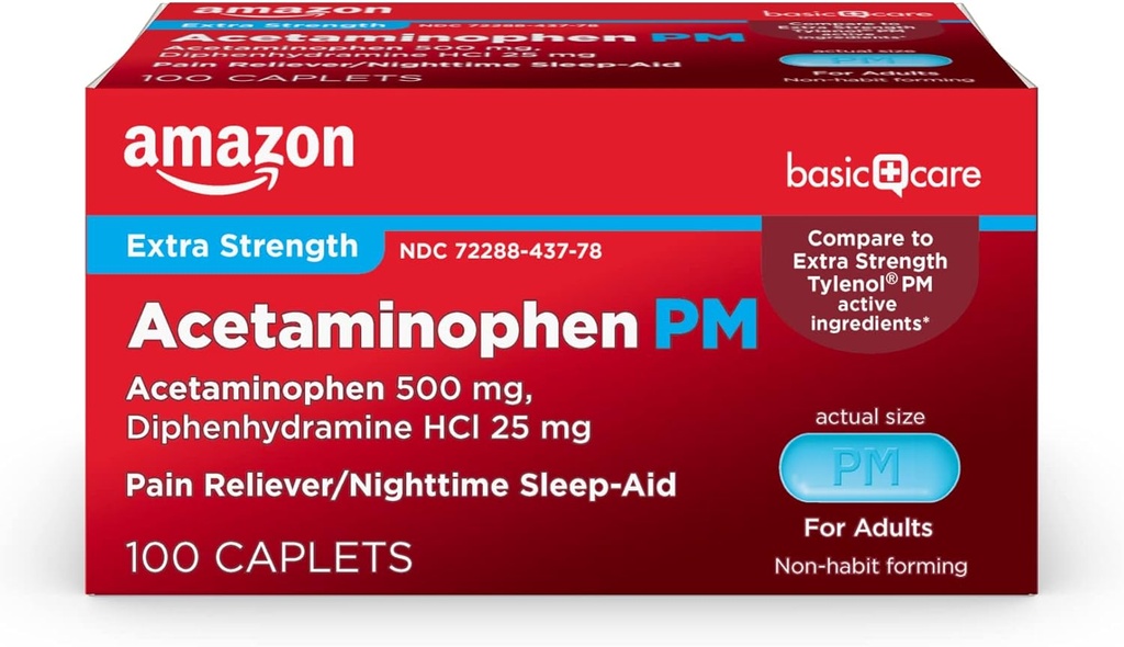 Basic Care Acetaminophen PM Caplets, Pain Reliever Plus Nighttime Sleep Aid, Extra Strength, Occasional Minor Aches, Pain 및 Headache Relief, 100 Count, Packaging이 다를 수 있습니다.