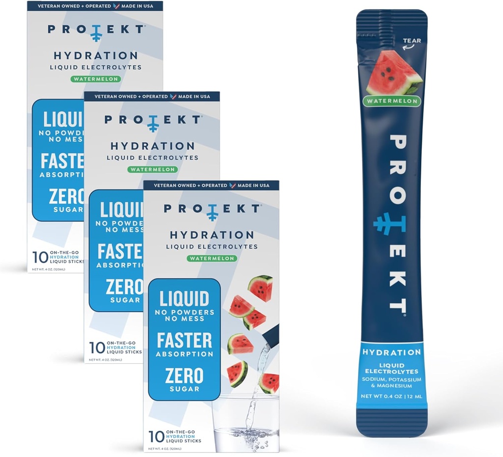 PROTEKT Electrolyte Packets for Recovery & Hydration | 유기농 및 설탕 무료 전동 음료 | 분말 음료보다 빠른 작동 | On-The-Go Liquid Hydration Drink | 수박, 30 팩