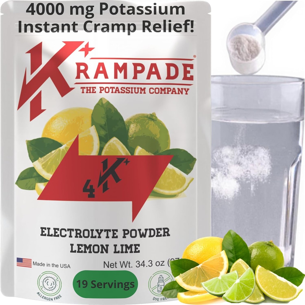 Krampade Original Lemon Lime 4K, 4000 mg 칼륨 즉시 크림 릴리프 Electrolyte 음료 분말 | Athletes 및 Crampers용으로 설계된 | 19-Serving Resealable 파우치